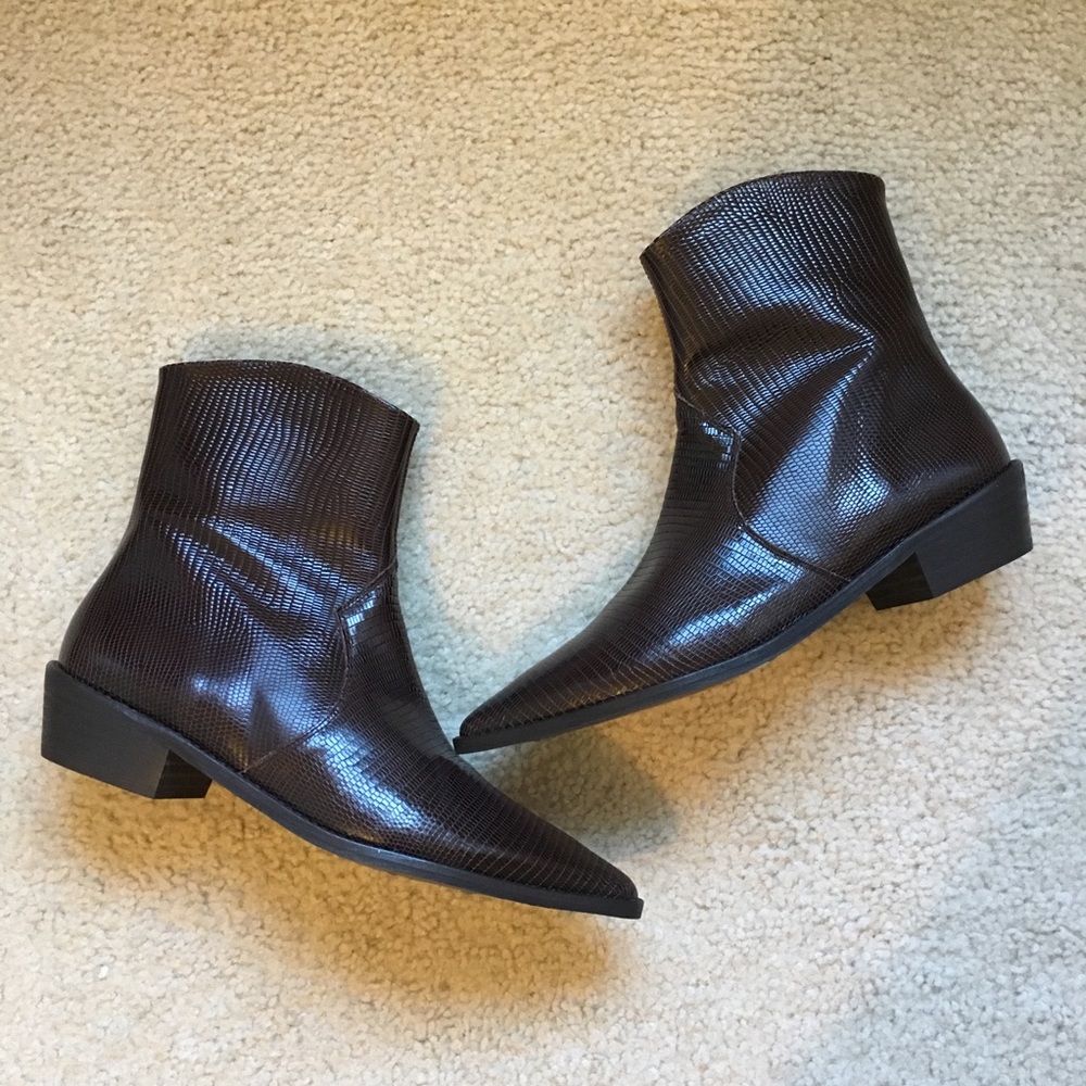 Free People crocodile embossed brown ankle boot